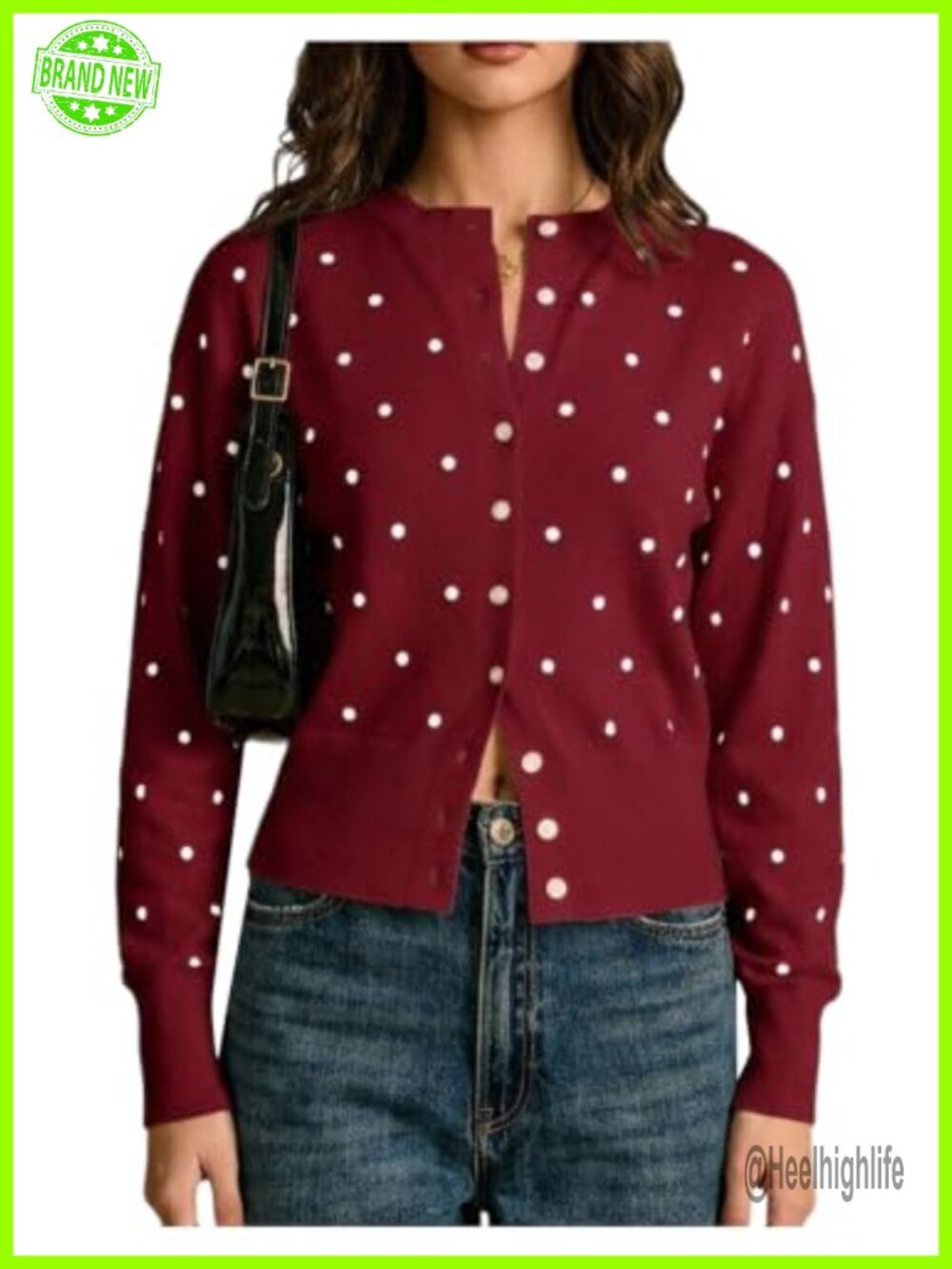 Polka Dots Button Up Long Sleeve Rib Knit Cardigan Sweater